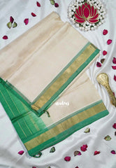 Creamy Ivory Beige - Meenakshi - Light Weight Pure Silk Cotton Saree Plain with Small Getti Border Contrast Pallu and Blouse - Perfect for Wedding Functions
