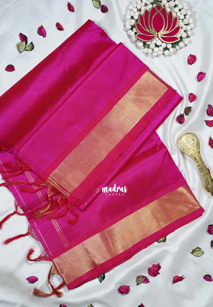 Dual Shade Queen's Pink - Meenakshi - Light Weight Pure Silk Cotton Plain Saree with Getti Border - Perfect for Wedding Functions