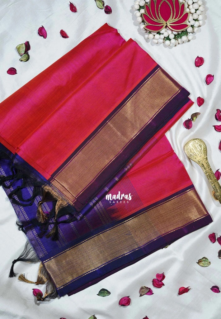 Dual Shade Pink - Meenakshi - Light Weight Pure Silk Cotton Saree Plain with Getti Border Contrast Pallu and Blouse - Perfect for Wedding Functions