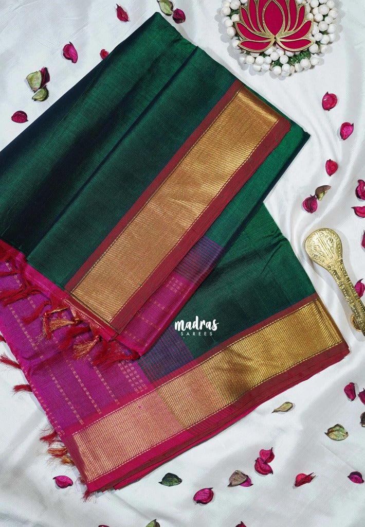 Bottle Green - Meenakshi - Light Weight Pure Silk Cotton Saree Plain with Getti Border Contrast Pallu and Blouse - Perfect for Wedding Functions