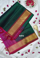 Bottle Green - Meenakshi - Light Weight Pure Silk Cotton Saree Plain with Getti Border Contrast Pallu and Blouse - Perfect for Wedding Functions