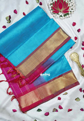 Bright Sky Blue - Meenakshi - Light Weight Pure Silk Cotton Saree Plain with Getti Border Contrast Pallu and Blouse - Perfect for Wedding Functions