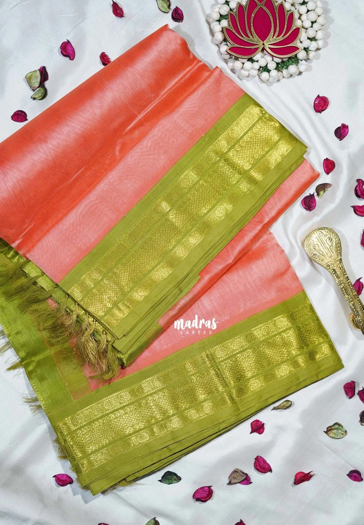 Shiny Orange Peach - Meenakshi - Light Weight Pure Silk Cotton Saree with Rudraksham Border Contrast Pallu and Blouse - Perfect for Wedding Functions