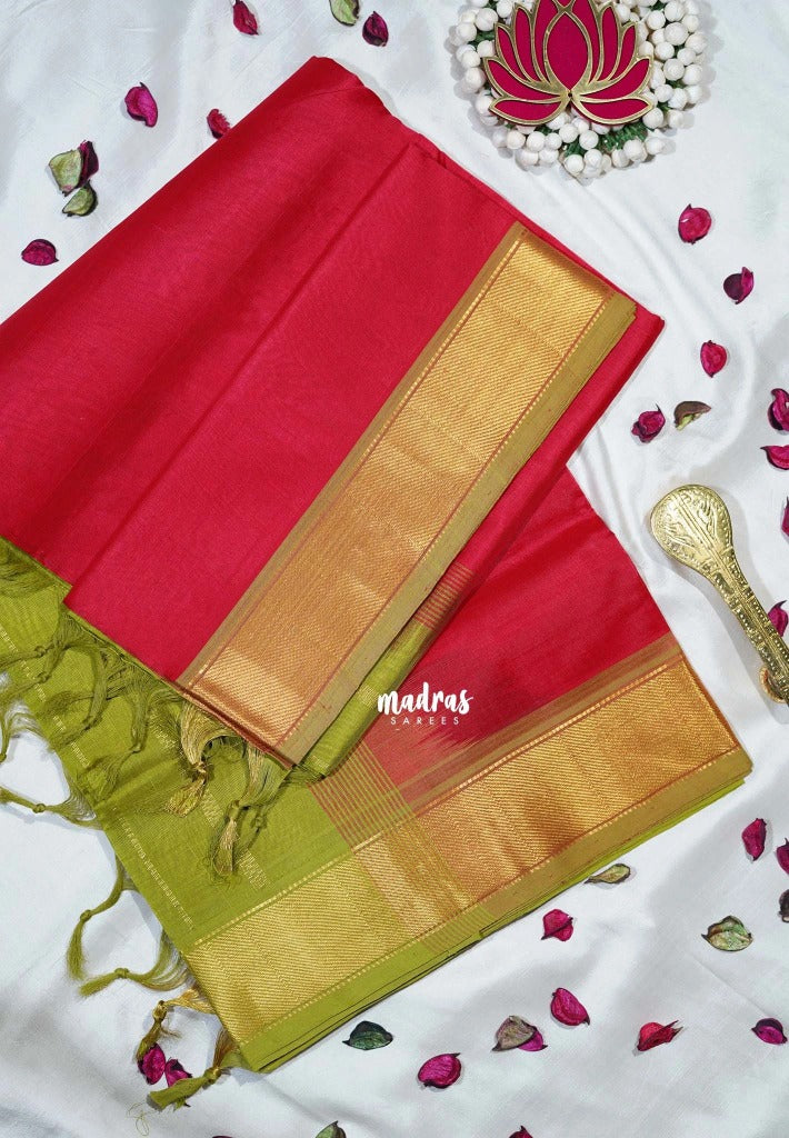 Crimson Red - Meenakshi - Light Weight Pure Silk Cotton Saree Plain with Getti Border Contrast Pallu and Blouse - Perfect for Wedding Functions