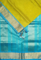 Shiny Yellowish Green - Meenakshi - Light Weight Pure Silk Cotton Saree Plain with Getti Border Contrast Pallu and Blouse - Perfect for Wedding Functions