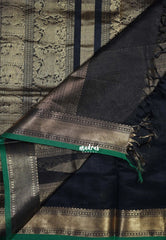 Jet Black - Meenakshi - Light Weight Pure Silk Cotton Saree Bavanji Border with Bird Buttas and Rich Pallu - Perfect for Wedding Functions