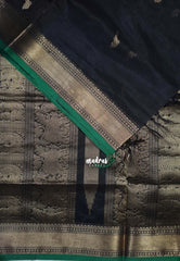 Jet Black - Meenakshi - Light Weight Pure Silk Cotton Saree Bavanji Border with Bird Buttas and Rich Pallu - Perfect for Wedding Functions