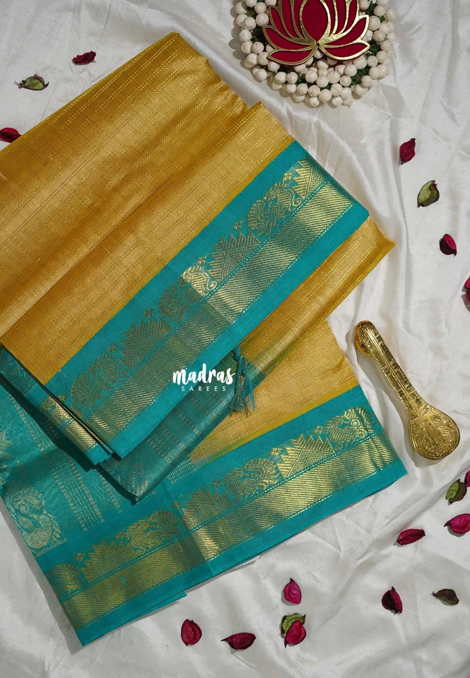 Golden Sandal - Meenakshi - Light Weight Pure Silk Cotton Saree Zari Checks Weaving with Temple, Mayil Border Contrast Pallu and Blouse - Perfect for Wedding Functions