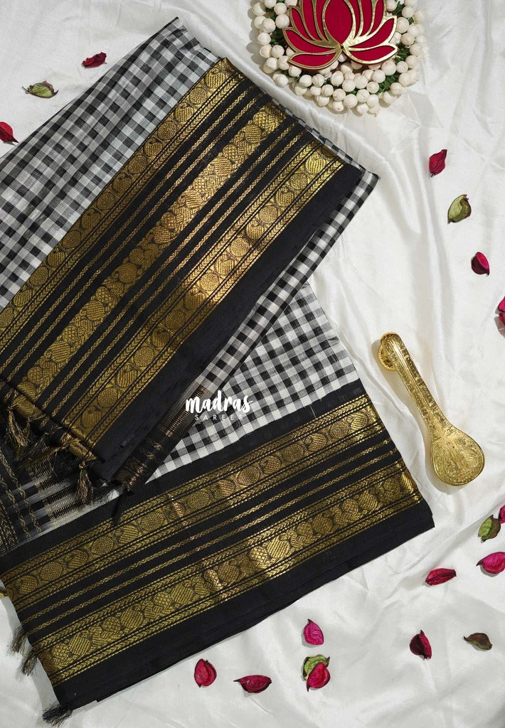 Black and White - Meenakshi - Light Weight Pure Silk Cotton Saree Burberry Checks with Rudraksham, Mayil, Mango Border Contrast Pallu and Blouse - Perfect for Wedding Functions