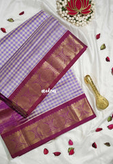 Lavender and Beige - Meenakshi - Light Weight Pure Silk Cotton Saree Madras Checks with Rudraksham Border Contrast Pallu and Blouse - Perfect for Wedding Functions