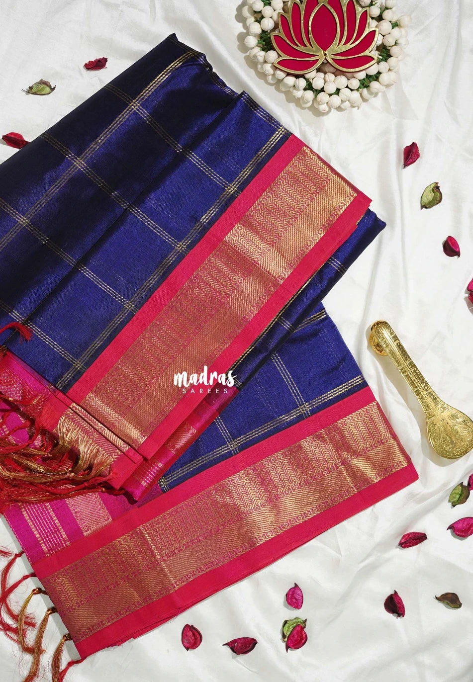 Navy Blue - Meenakshi - Light Weight Pure Silk Cotton Saree Zari Checks Weaving with Traditional Border Contrast Pallu and Blouse - Perfect for Wedding Functions
