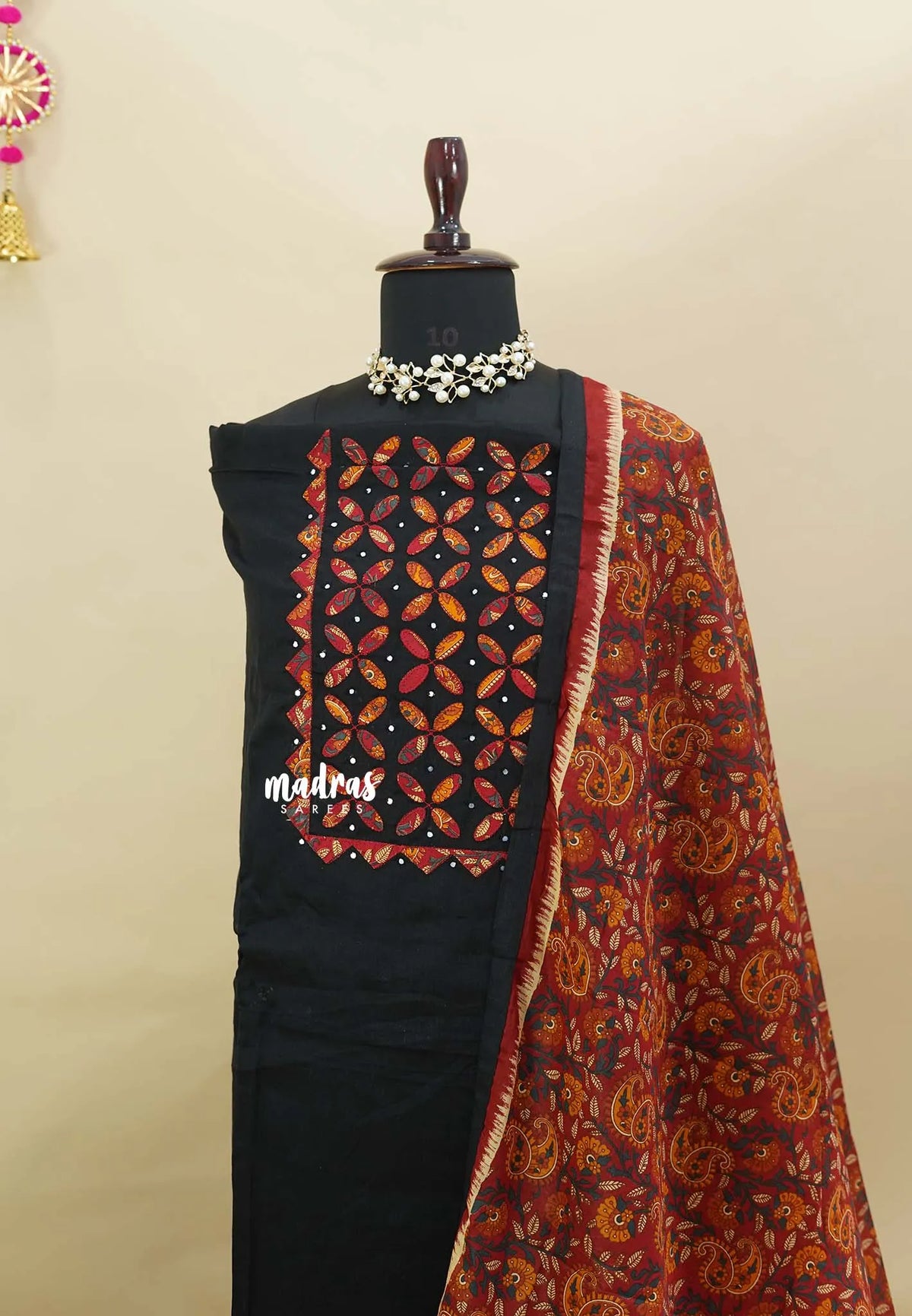 Amitha - Rich Black - Mirror work Yoke Handspun Kalamkari Salwar Material - Best for Office Wear