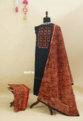 Amitha - Rich Black - Mirror work Yoke Handspun Kalamkari Salwar Material - Best for Office Wear