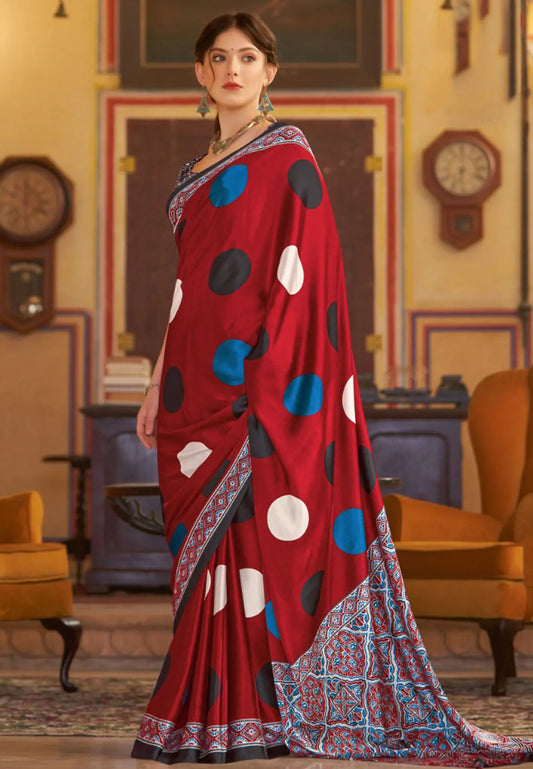 Ajrakh Modal silk saree polka dots - Maroon