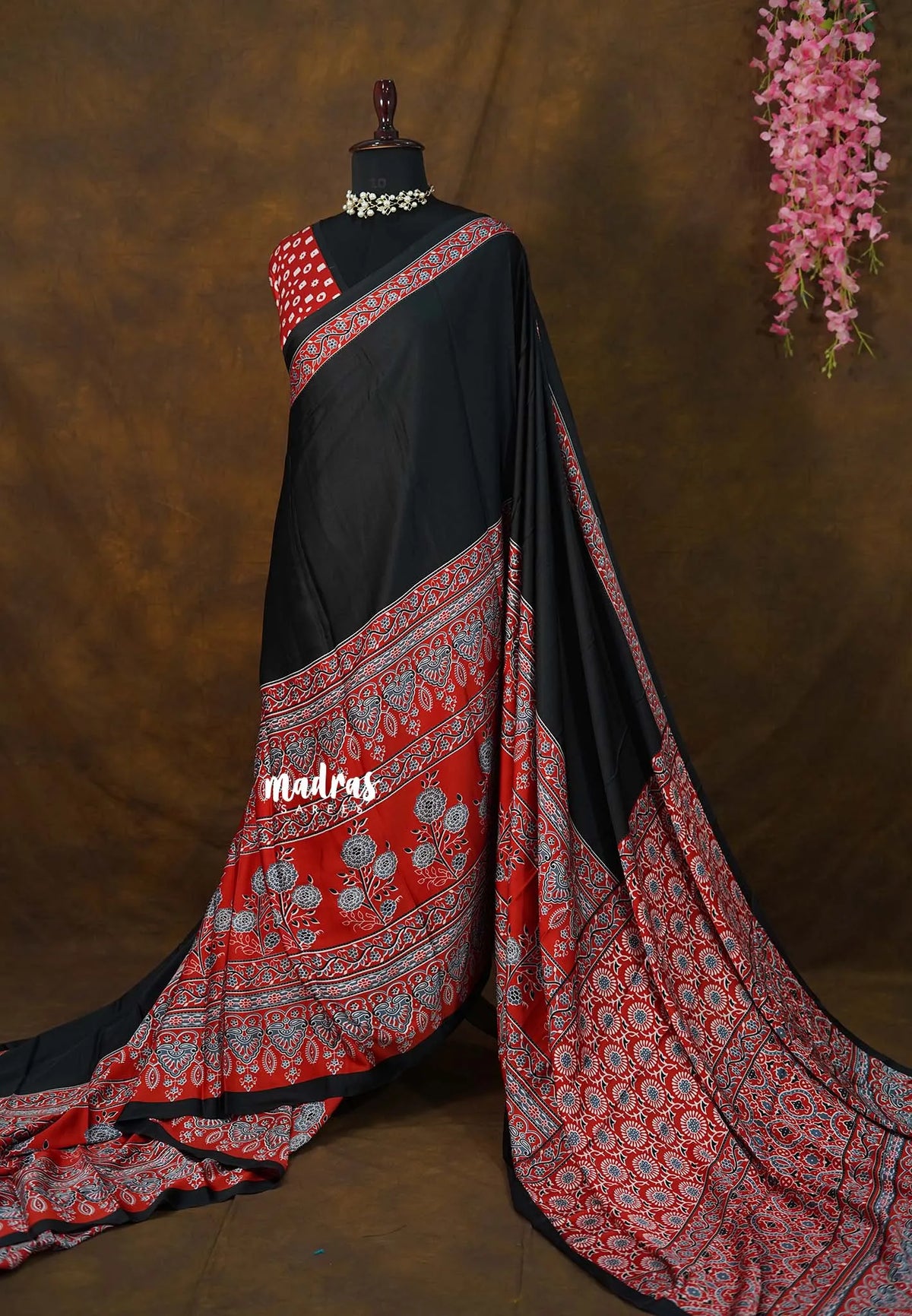 Nightfall Black - Ajrakh semi Modal silk half and half pattern - Perfect for Office Wear