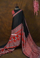 Nightfall Black - Ajrakh semi Modal silk half and half pattern - Perfect for Office Wear