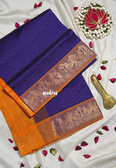 MS Amma Blue - Mookuthi Amman Silk Cotton Checks with Laksha Deepam Mayil Border Contrast Pallu and Blouse - Perfect for Wedding Functions