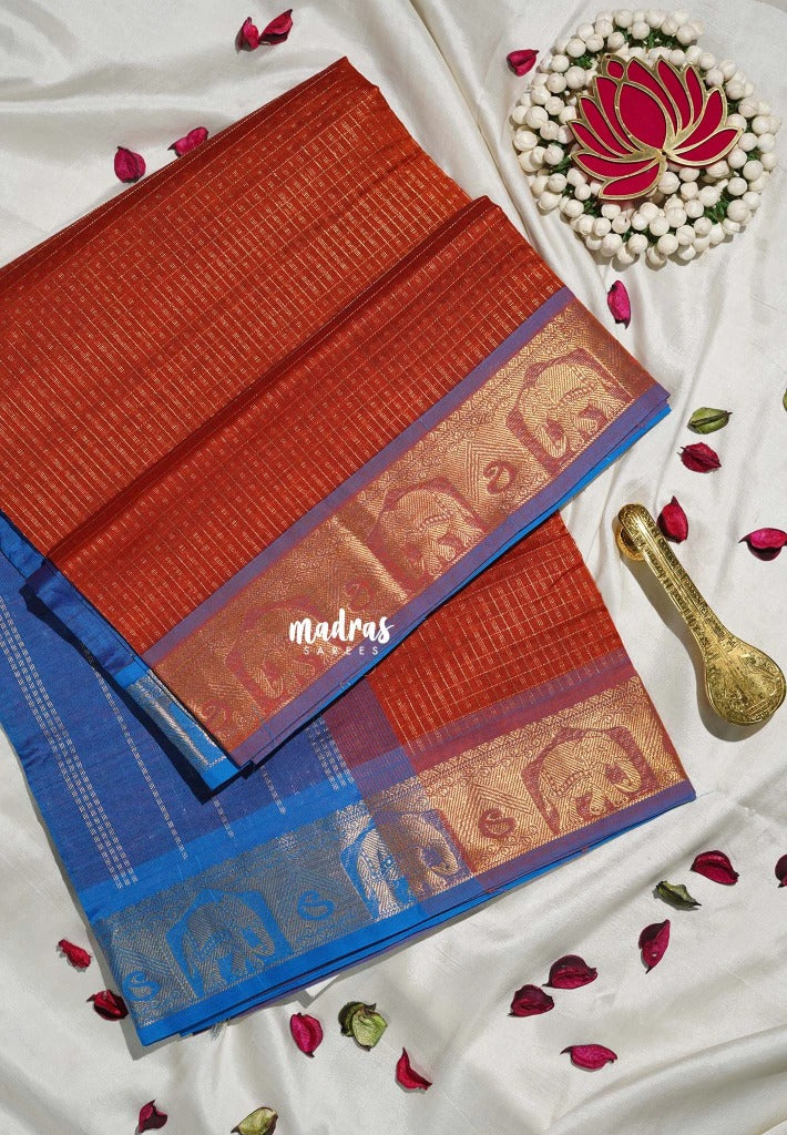 Brick Orange - Mookuthi Amman Silk Cotton Checks with Laksha Deepam Yaanai Border Contrast Pallu and Blouse - Perfect for Wedding Functions