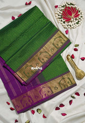 Vintage Green - Mookuthi Amman Silk Cotton Checks with Laksha Deepam Yaanai Border Contrast Pallu and Blouse - Perfect for Wedding Functions