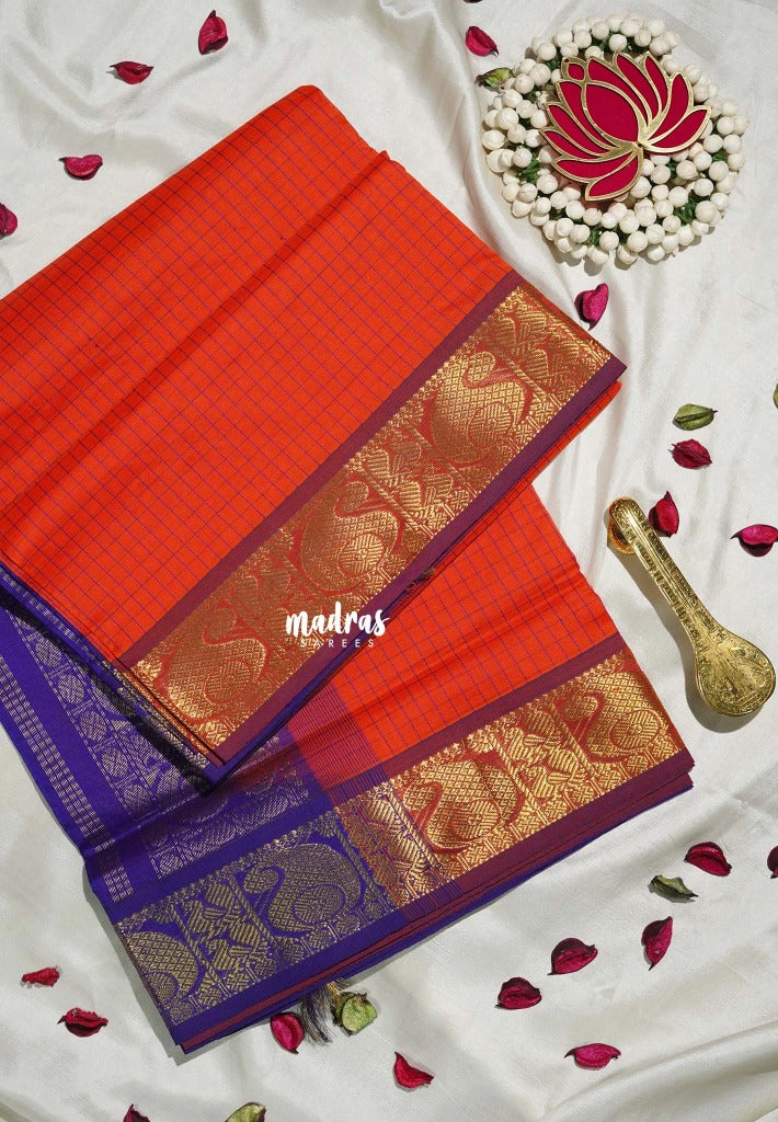 Bright Red-Orange - Mookuthi Amman Silk Cotton Muthu Kattam with Mango Border Contrast Pallu and Blouse - Perfect for Wedding Functions