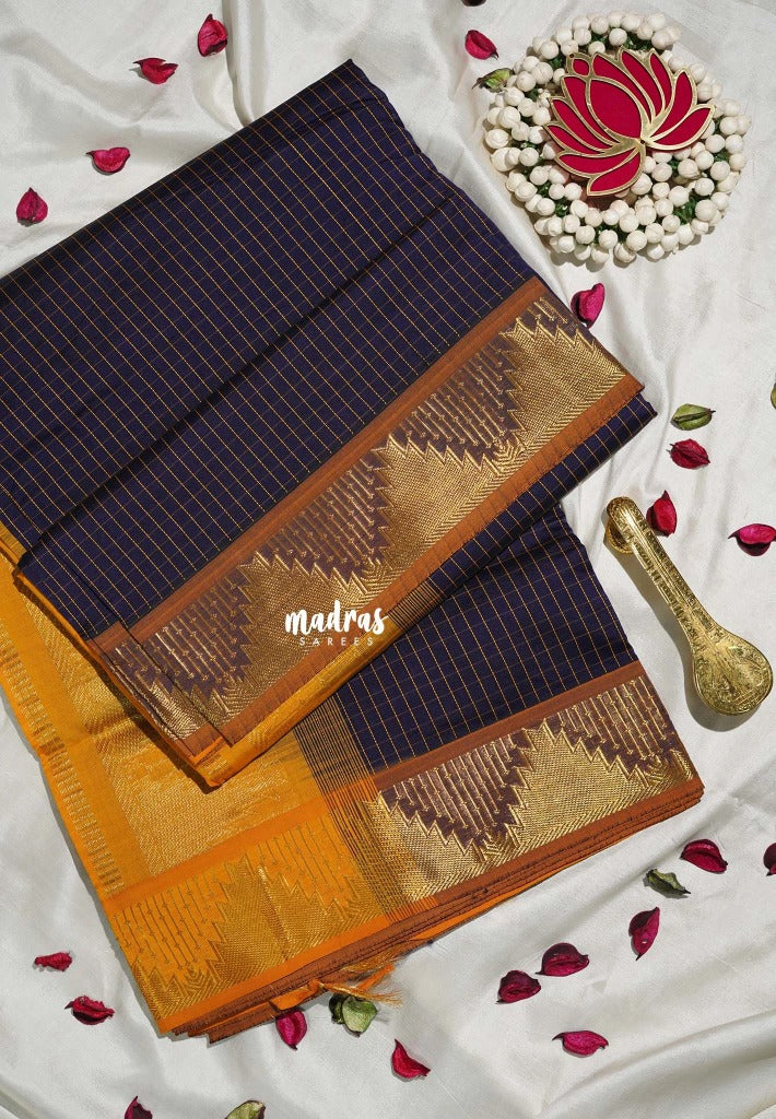 Midnight Navy Blue - Mookuthi Amman Silk Cotton Muthu Kattam with Temple Border Contrast Pallu and Blouse - Perfect for Wedding Functions