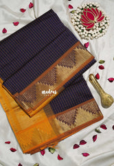 Midnight Navy Blue - Mookuthi Amman Silk Cotton Muthu Kattam with Temple Border Contrast Pallu and Blouse - Perfect for Wedding Functions