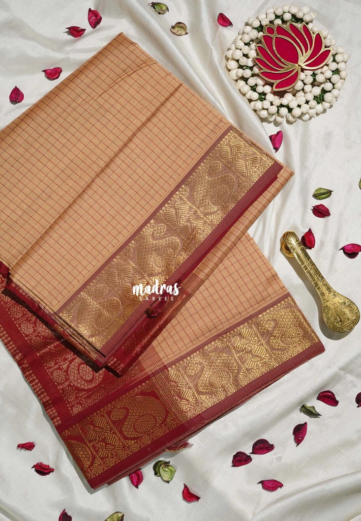 Powder Beige Peach - Mookuthi Amman Silk Cotton Muthu Kattam with Mango Border Contrast Pallu and Blouse - Perfect for Wedding Functions