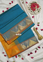 Teal Blue - Mookuthi Amman Silk Cotton Muthu Kattam with Temple Border Contrast Pallu and Blouse - Perfect for Wedding Functions
