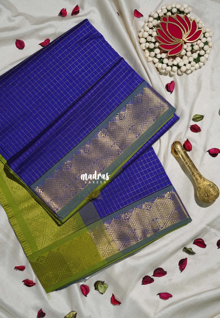 MS Amma Blue - Mookuthi Amman Silk Cotton Muthu Kattam with Double Border Contrast Pallu and Blouse - Perfect for Wedding Functions