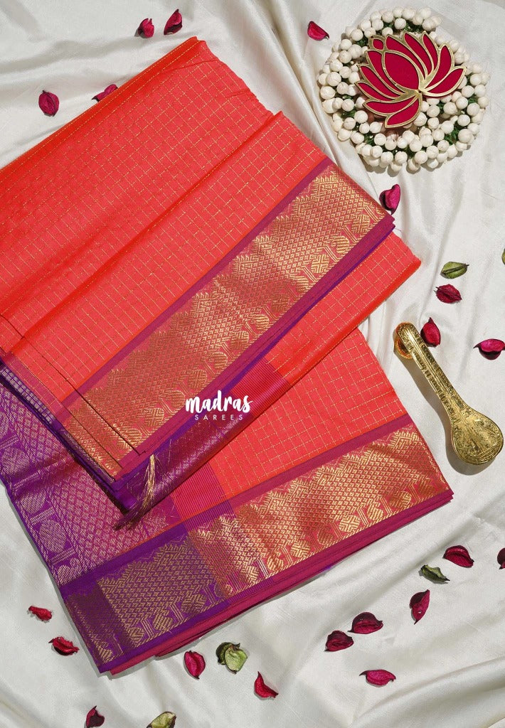 Candy Peach Orange - Mookuthi Amman Silk Cotton Muthu Kattam with Mango and Rudraksham Border Contrast Pallu and Blouse - Perfect for Wedding Functions