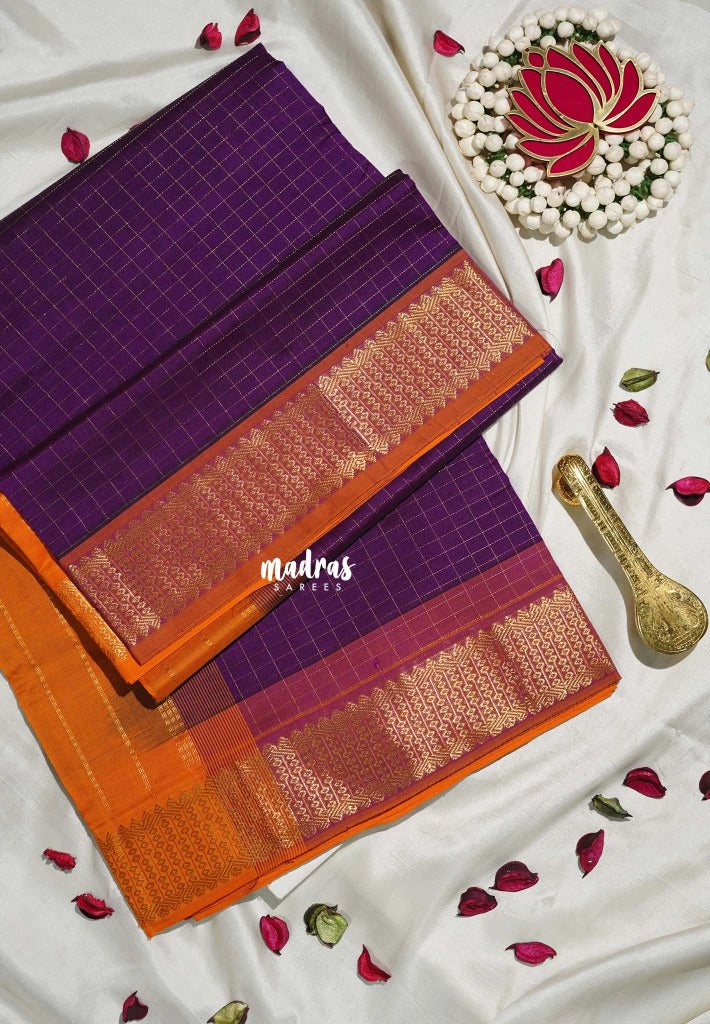 Royal Purple - Mookuthi Amman Silk Cotton Muthu Kattam with Traditional Border Contrast Pallu and Blouse - Perfect for Wedding Functions
