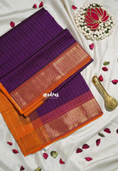 Royal Purple - Mookuthi Amman Silk Cotton Muthu Kattam with Traditional Border Contrast Pallu and Blouse - Perfect for Wedding Functions