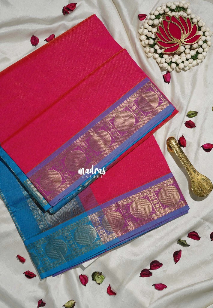 Dual Shade Raspberry Candy Pink - Mookuthi Amman Silk Cotton Vaira Oosi Weavig with Rudraksham Border Contrast Pallu and Blouse - Perfect for Wedding Functions