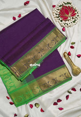 Dual Shade Royal Purple - Mookuthi Amman Silk Cotton Vaira Oosi Weavig with Mayil Border Contrast Pallu and Blouse - Perfect for Wedding Functions