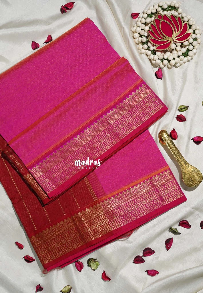 Dual Shade Queen's Pink - Mookuthi Amman Silk Cotton Vaira Oosi Weavig with Traditional Border Contrast Pallu and Blouse - Perfect for Wedding Functions