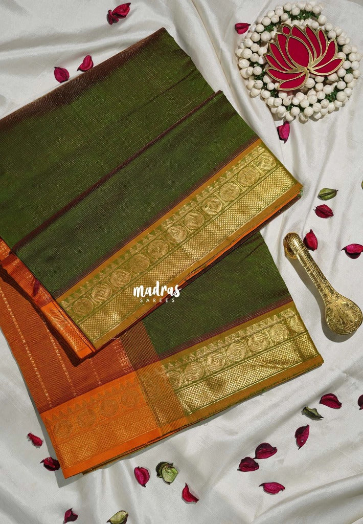 Dual Shade Olive Green - Mookuthi Amman Silk Cotton Vaira Oosi Weavig with Rudraksham Border Contrast Pallu and Blouse - Perfect for Wedding Functions