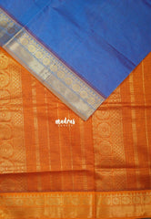 Dual Shade Peacock Blue - Mookuthi Amman Silk Cotton Vaira Oosi Weavig with Rudraksham Border Contrast Pallu and Blouse - Perfect for Wedding Functions