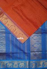 Brick Orange - Mookuthi Amman Silk Cotton Checks with Laksha Deepam Yaanai Border Contrast Pallu and Blouse - Perfect for Wedding Functions