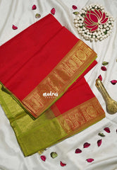 Crimson Red - Mookuthi Amman Plain Silk Cotton with Mayil Border Contrast Pallu and Blouse - Perfect for Wedding Functions