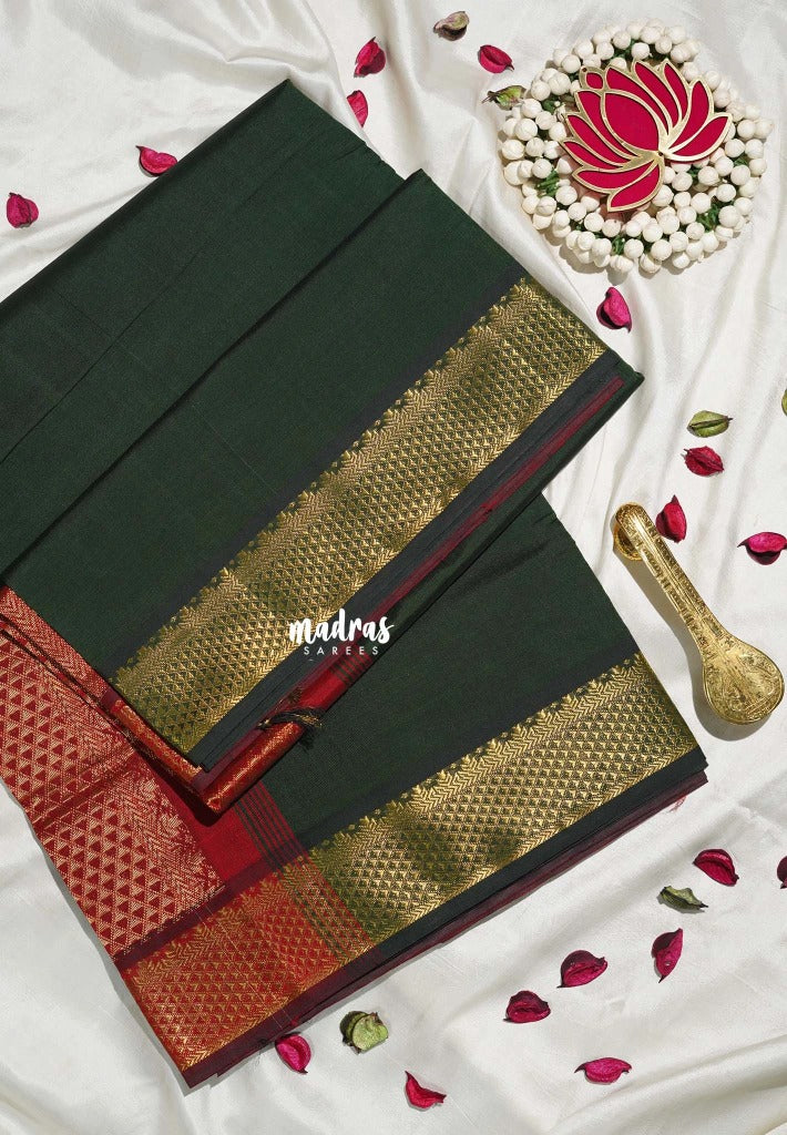 Midnight Olive Green - Mookuthi Amman Plain Silk Cotton with Traditional Gadwal Border Contrast Pallu and Blouse - Perfect for Wedding Functions