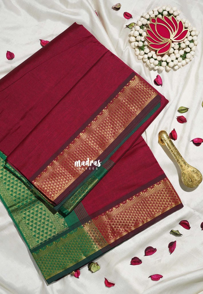 Majestic Maroon - Mookuthi Amman Plain Silk Cotton with Traditional Gadwal Border Contrast Pallu and Blouse - Perfect for Wedding Functions