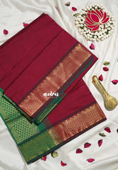 Majestic Maroon - Mookuthi Amman Plain Silk Cotton with Traditional Gadwal Border Contrast Pallu and Blouse - Perfect for Wedding Functions