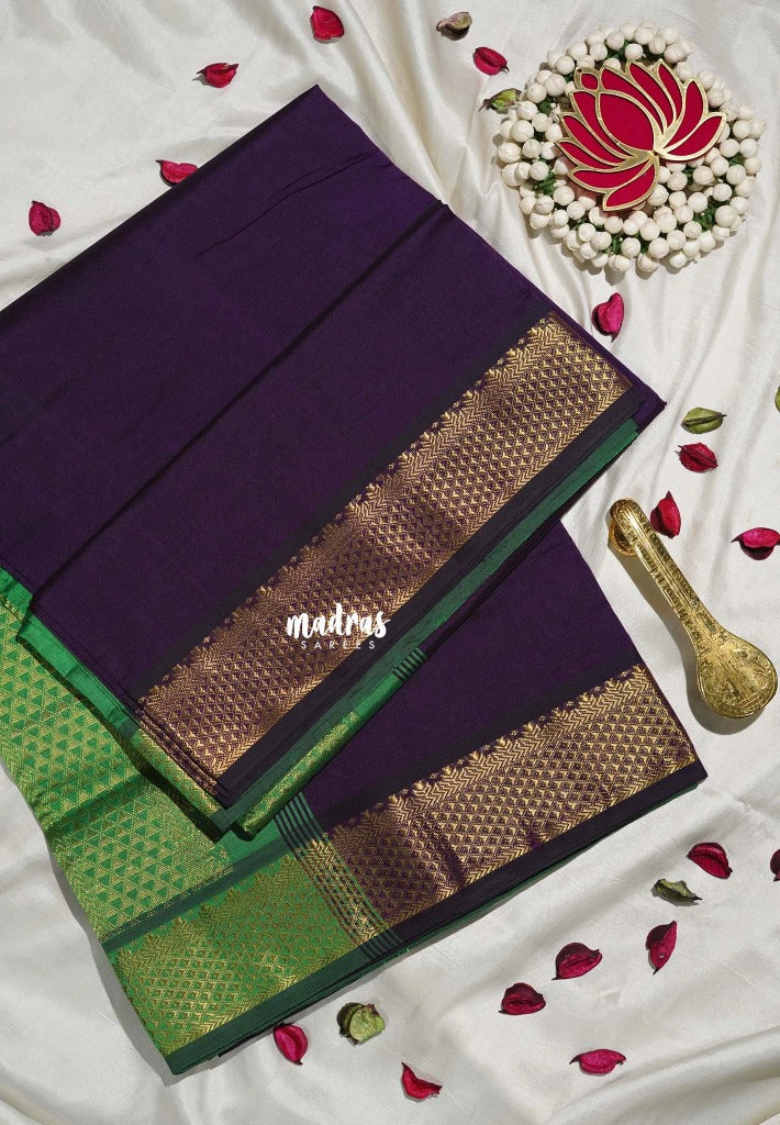Midnight Jamun Purple - Mookuthi Amman Plain Silk Cotton with Traditional Gadwal Border Contrast Pallu and Blouse - Perfect for Wedding Functions