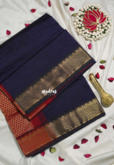 Midnight Blue with Maroon - Mookuthi Amman Plain Silk Cotton with Traditional Gadwal Border Contrast Pallu and Blouse - Perfect for Wedding Functions