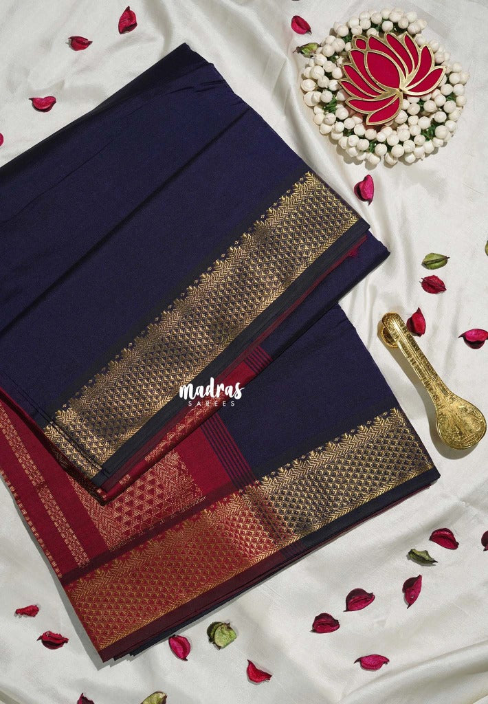 Midnight Blue with Beet Pink - Mookuthi Amman Plain Silk Cotton with Traditional Gadwal Border Contrast Pallu and Blouse - Perfect for Wedding Functions