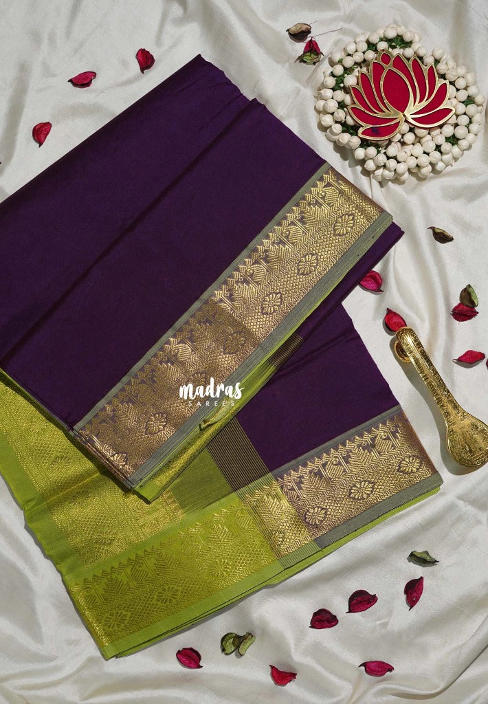 Jamun Purple - Mookuthi Amman Plain Silk Cotton Mango, Temple Border with Contrast Pallu and Blouse - Perfect for Wedding Functions
