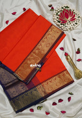 Neon Orange - Mookuthi Amman Plain Silk Cotton Mango, Temple Border with Contrast Pallu and Blouse - Perfect for Wedding Functions
