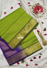 Pretty Parrot Green - Mookuthi Amman Plain Silk Cotton Mango, Temple Border with Contrast Pallu and Blouse - Perfect for Wedding Functions