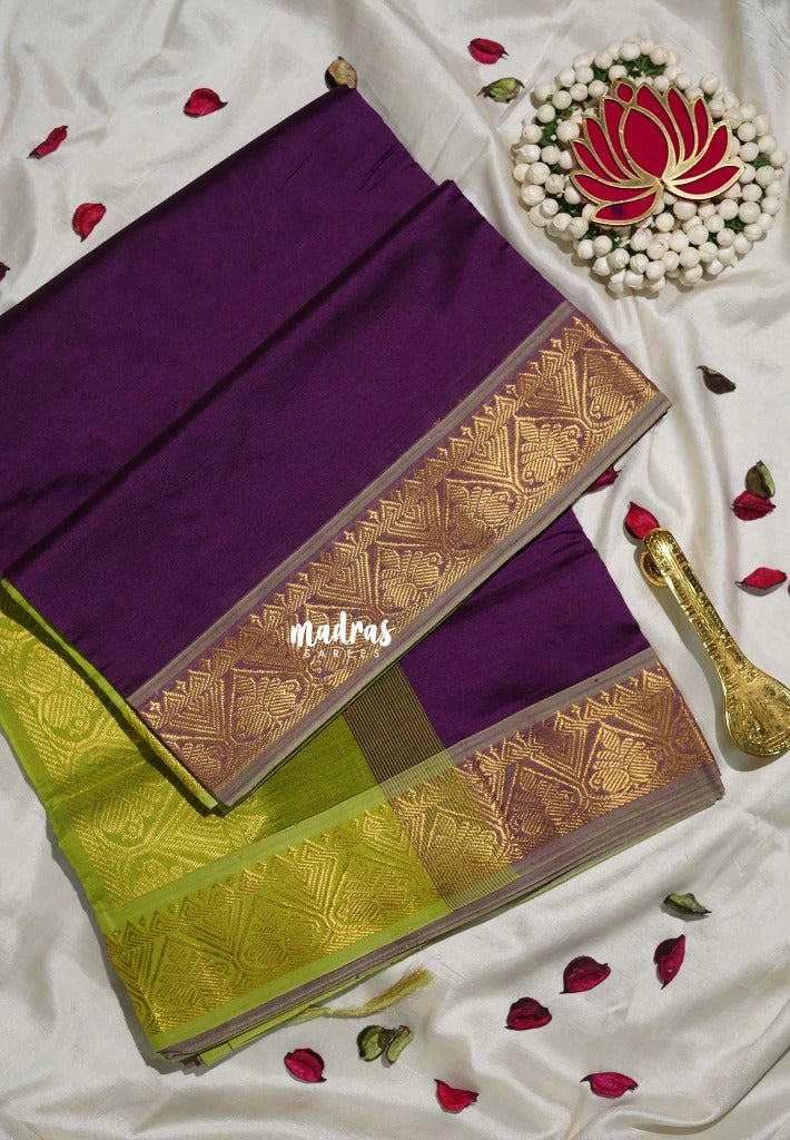 Jamun Purple - Mookuthi Amman Plain Silk Cotton with Traditional Border Contrast Pallu and Blouse - Perfect for Wedding Functions