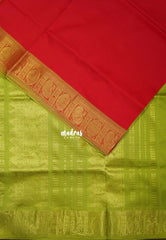 Crimson Red - Mookuthi Amman Plain Silk Cotton with Mayil Border Contrast Pallu and Blouse - Perfect for Wedding Functions